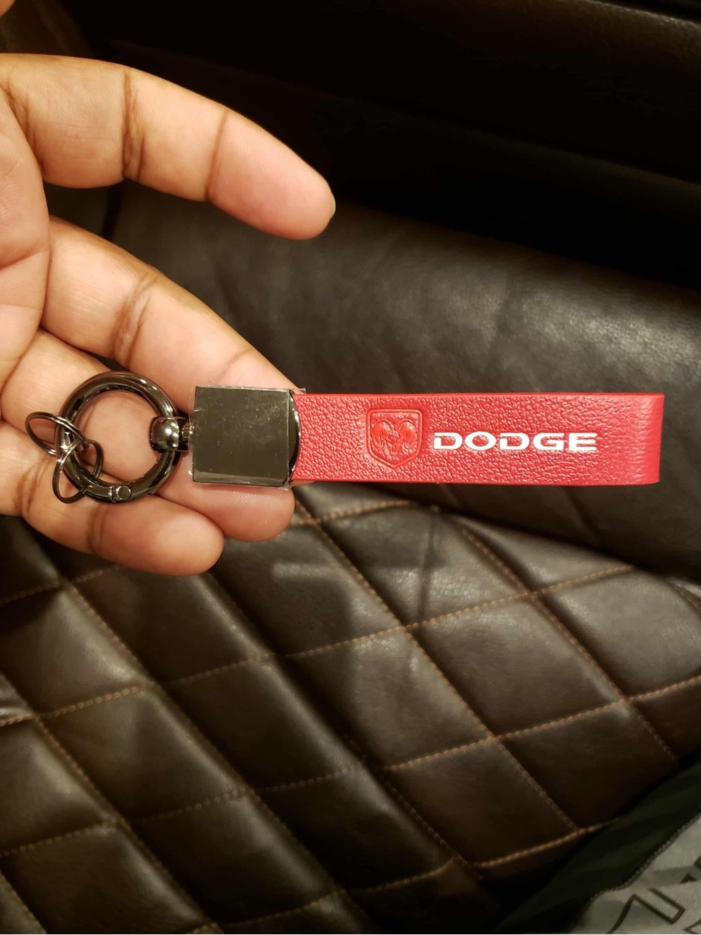 DODGE Red & White Leather Metallic Black Keychain